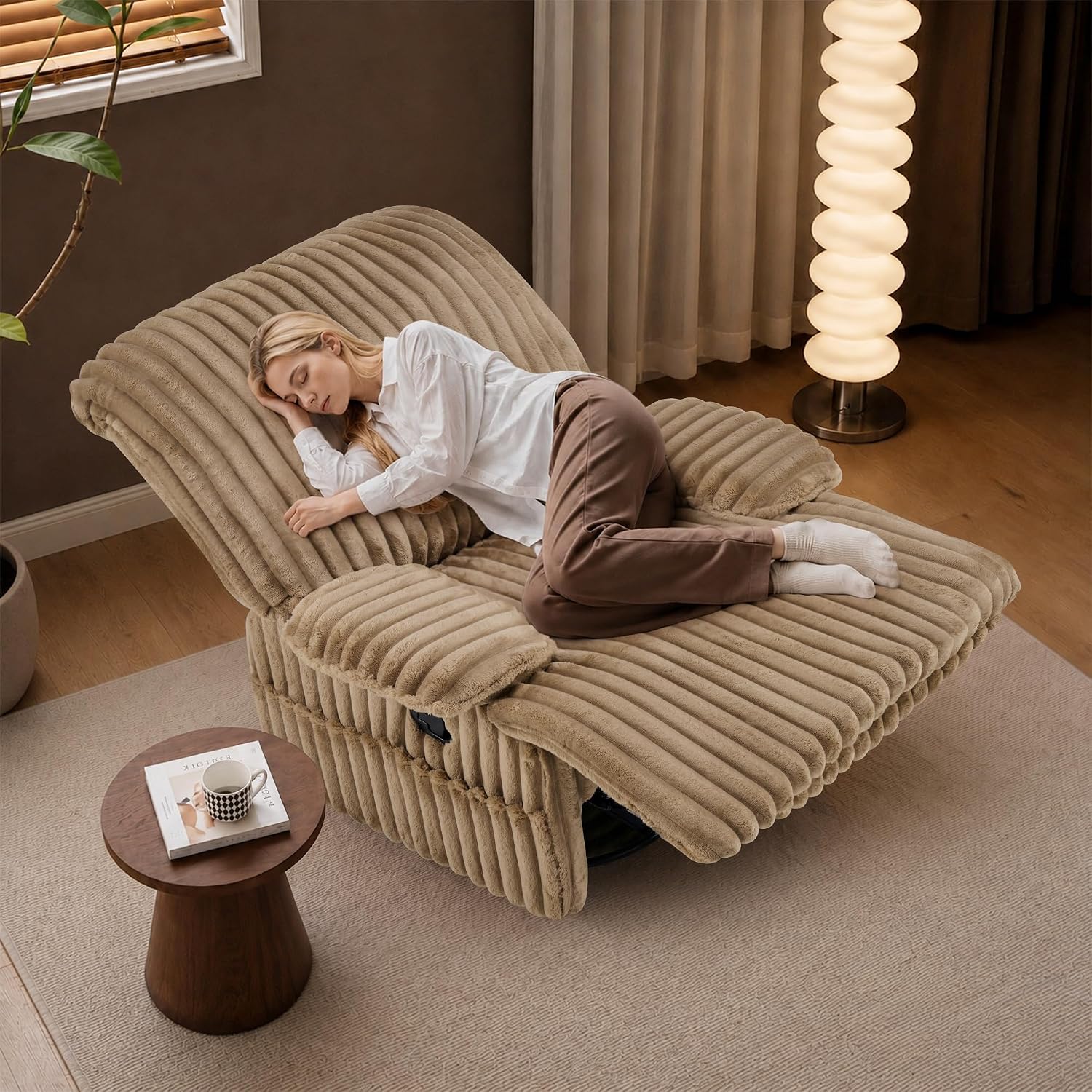 GRAINELL Oversize 40-Inch Swivel Glider Recliner, Wide Stripe Fabric Rocking Chair with 360° Rotation, for Adults Nursery Living Room (Khaki)
