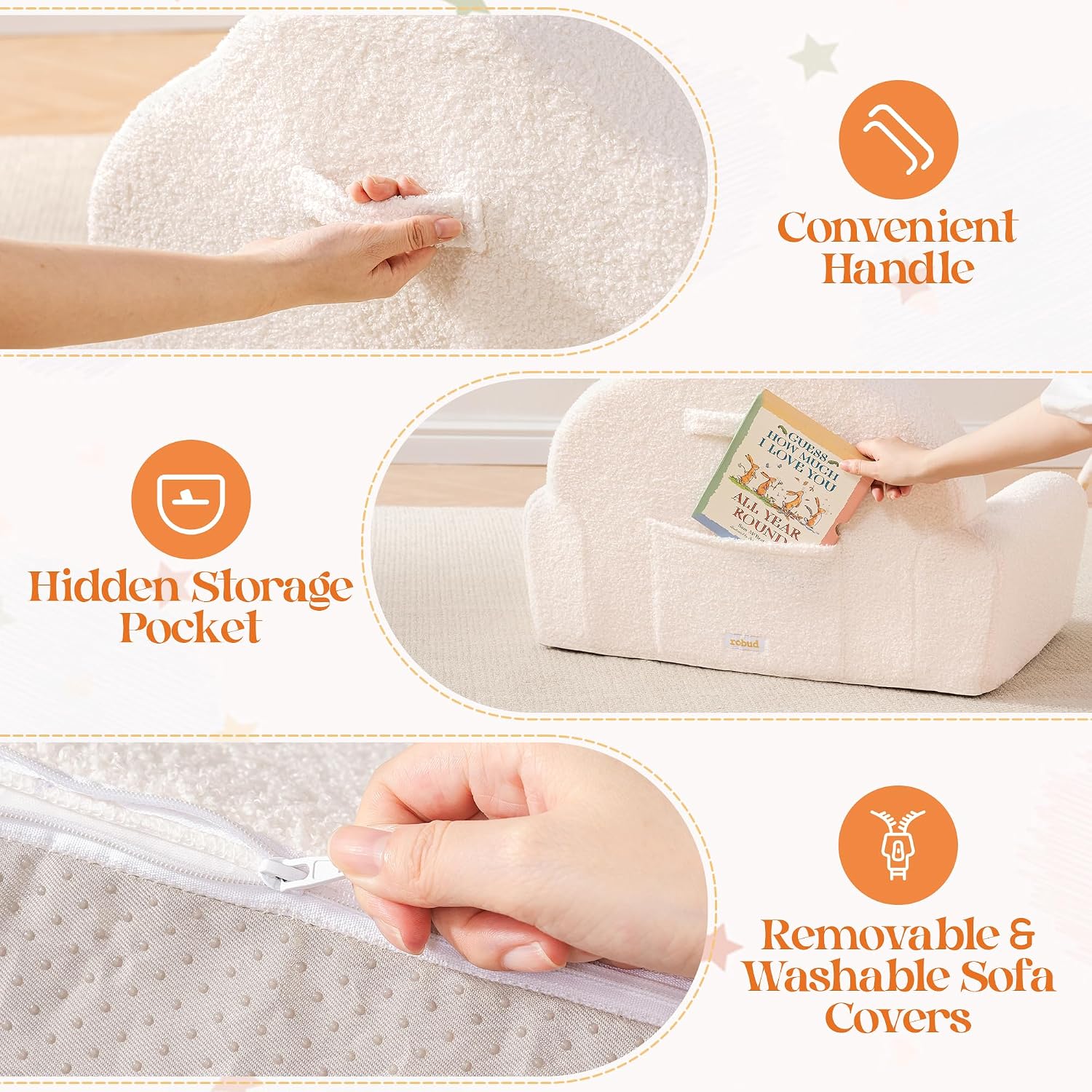 ROBUD Toddler Chair, Comfy Kids Sofa with Teddy Fleece, High Resilience Sponge, and Hidden Storage Pocket, Toddler Couch with Princess Style Design, Kids Couch for Boys and Girls, White