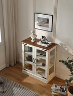 FOREST GRAVITY 31.5'' Small Display Buffet Cabinet with LED and Glass Doors for Great Showcase,Small Coffee bar Cabinet with one Adjustable,Modern Sideboard Buffet for Kitchen,Antique White