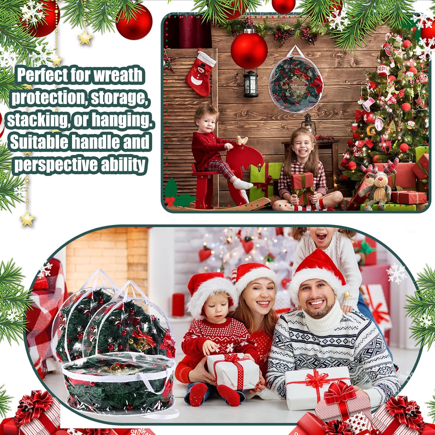 Zhengmy 15 Pcs 24 Inch Christmas Wreath Storage Bags Transparent Wreath Storage Container Bulk Wreaths Box with Dual Zippers and Handles for Xmas Holiday Wreaths Garland