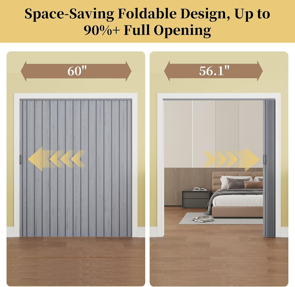 60" x 80" PVC Accordion Door Interior, Suitable for Opening Width 49"-60", Trimmable Height & Width, Room Dividers for Pantry Laundry Closet RV, Strong Magnet Folding Doors, Easy to Install, Grey