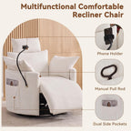 FOXHUNTER Manual Nursery Rocking Chairs Glider Rocking Chair 360°Swivel Rocking Recliner with Phone Holder,Footrest,Oversized Rocker Chair for Living Room, Chenille, White