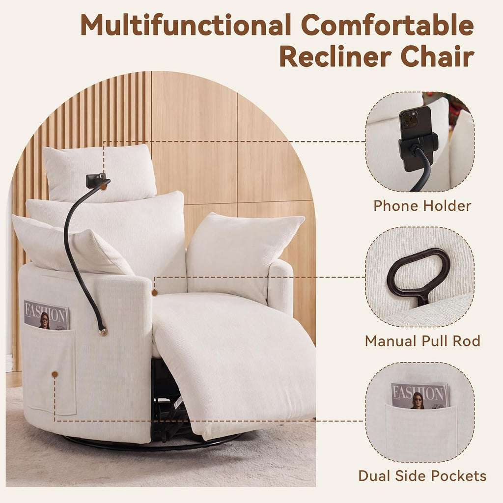 FOXHUNTER Manual Nursery Rocking Chairs Glider Rocking Chair 360°Swivel Rocking Recliner with Phone Holder,Footrest,Oversized Rocker Chair for Living Room, Chenille,White