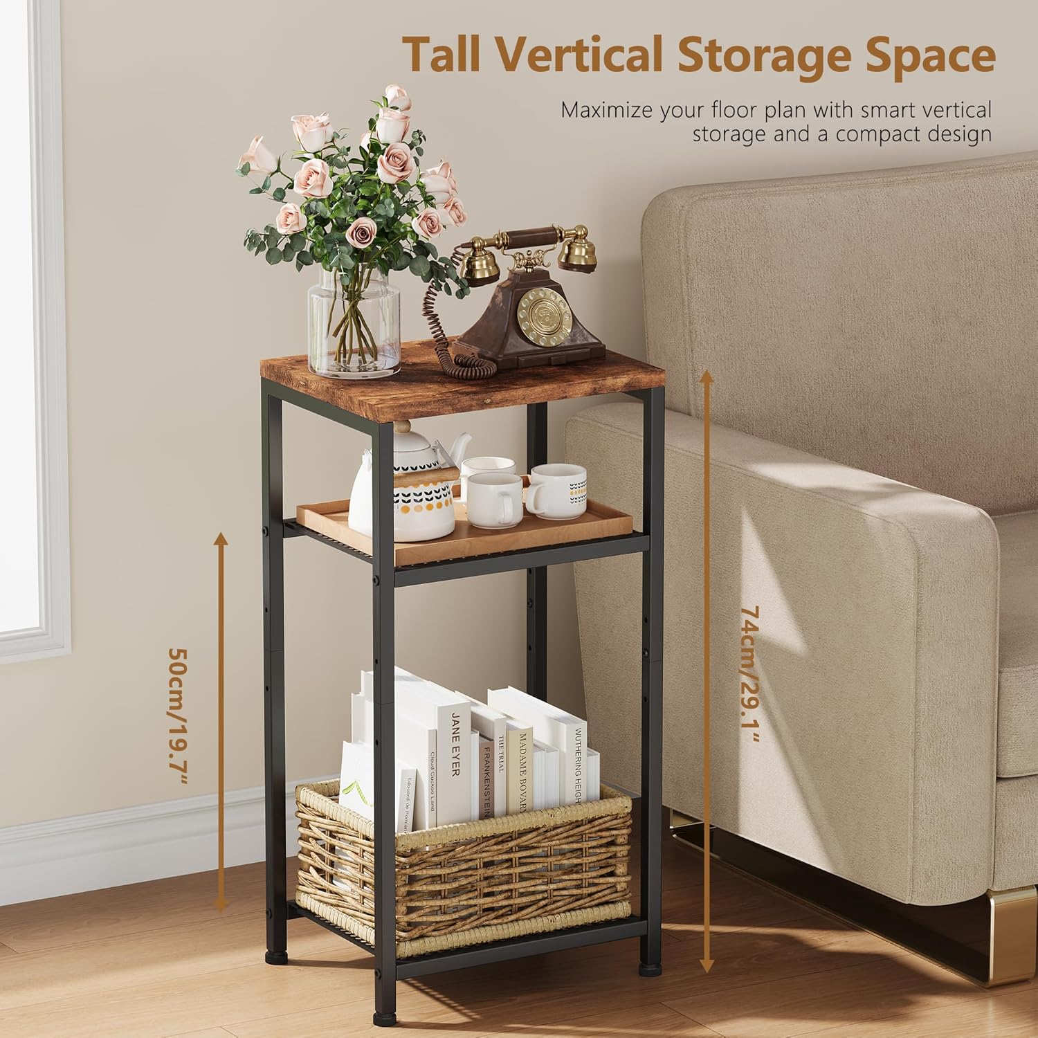 Heybly Small Side Table Set of 2, Tall End Table with Adjustable Shelf, Nightstand, Telephone Table, Accent Table Stand, Entryway Table, Bedroom,Living Room, Office,Kitchen, Rustic Brown HET003SR2