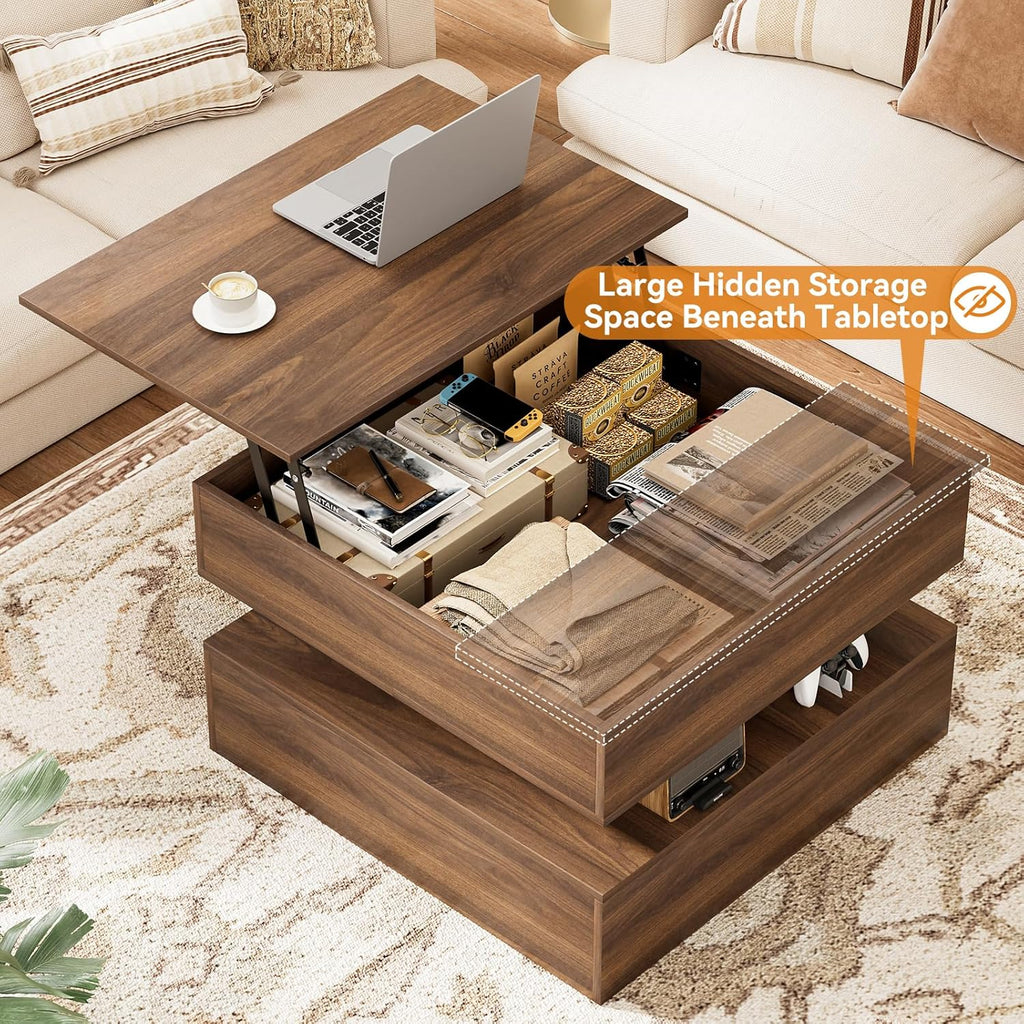 FABATO Lift Top Coffee Table with Storage and Hidden Compartment, Wood Square Coffee Table for Living Room, 31.5'' Small Center Table with Open Display Shelf for Dining Reception Room, Walnut