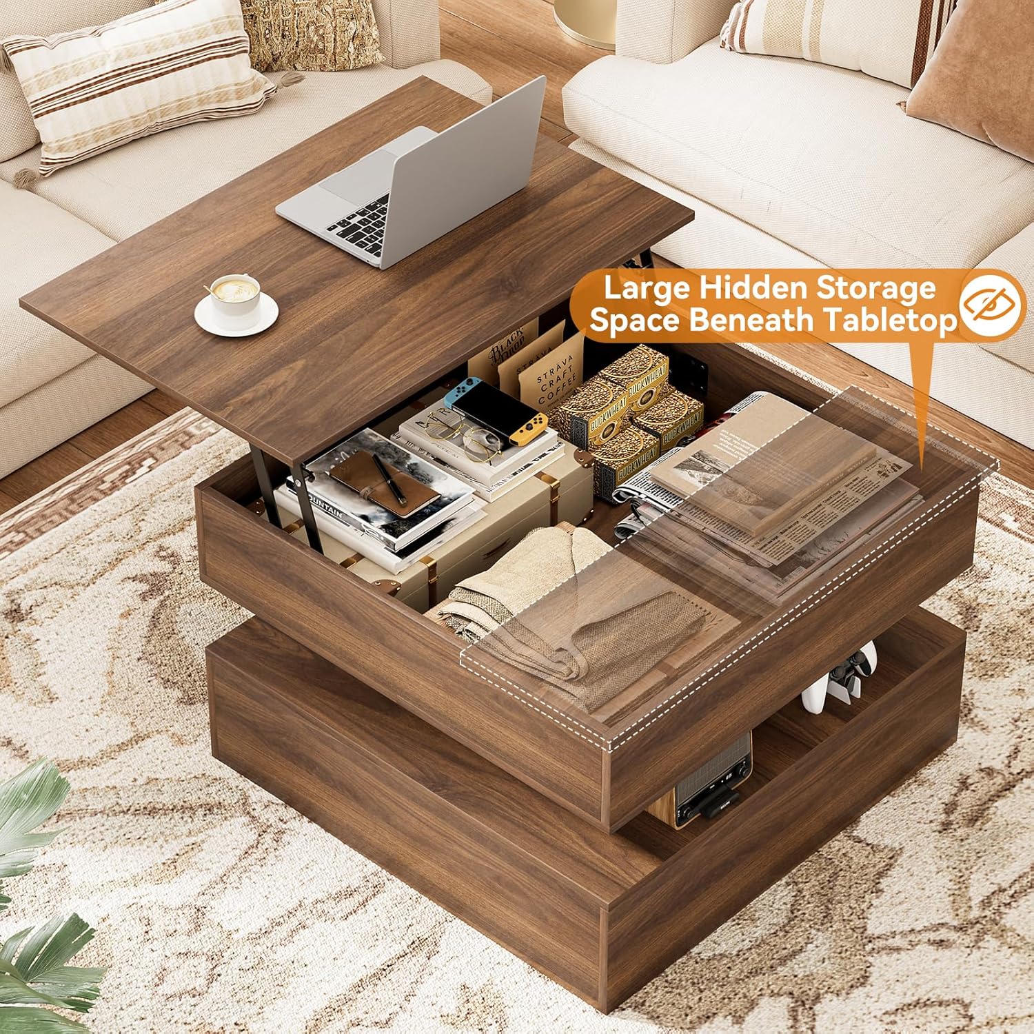 FABATO Lift Top Coffee Table with Storage and Hidden Compartment, Wood Square Coffee Table for Living Room, 31.5'' Small Center Table with Open Display Shelf for Dining Reception Room, Walnut