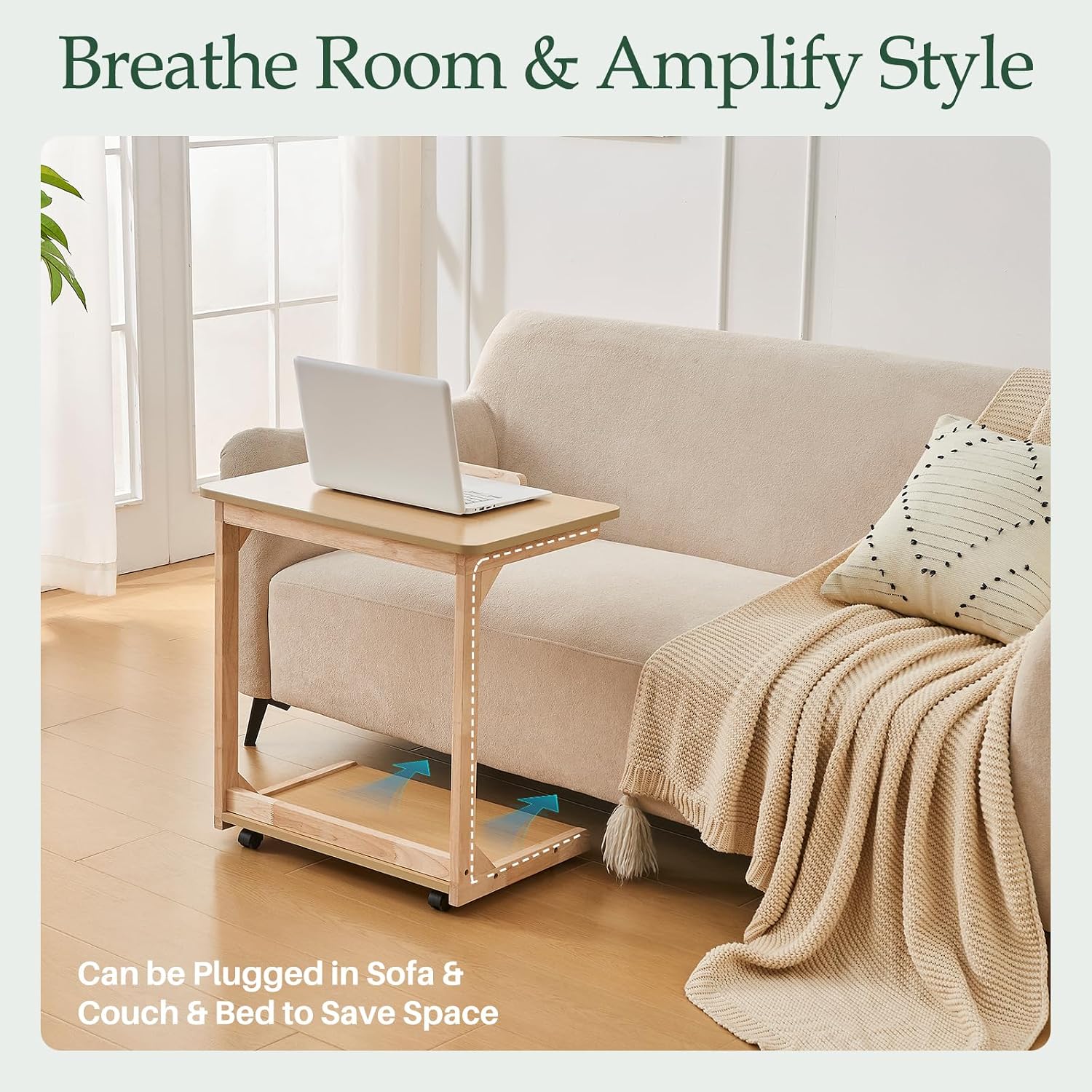 C-Shaped End Table with Wheels - Solid Wood C Shape Rolling Side Table for Couch, Wooden Tv Tray Under Bedside Tables for Sofa Living Room Bedroom, Natural, 15.7 in x 23.6 in x 24.8 in