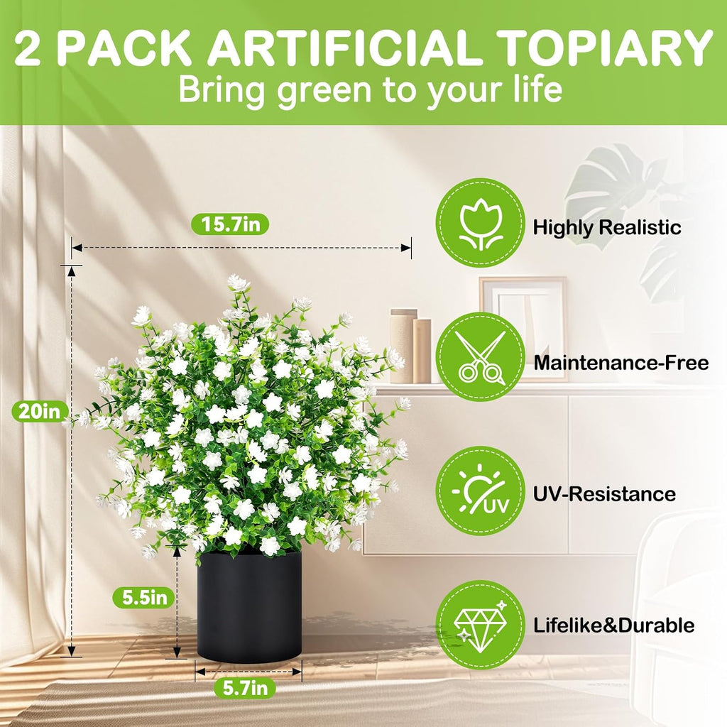 2 Pack Artificial Potted Boxwood Topiary Trees - UV Resistant Faux Outdoor Potted Plants, Spring Summer Greenery Fake Bushes for Front Door Farmhouse Garden Porch Outdoor Decor