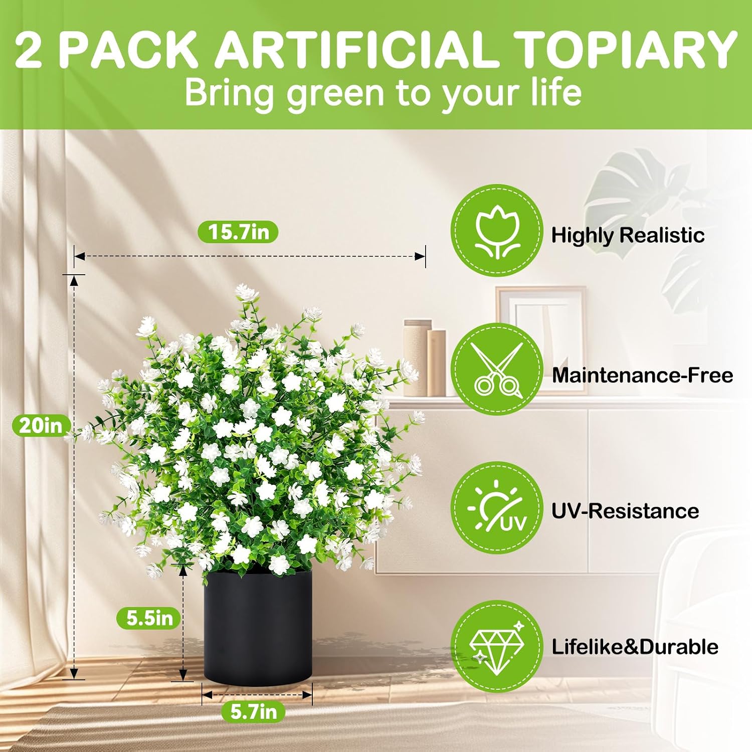 2 Pack Artificial Potted Boxwood Topiary Trees - UV Resistant Faux Outdoor Potted Plants, Spring Summer Greenery Fake Bushes for Front Door Farmhouse Garden Porch Outdoor Decor