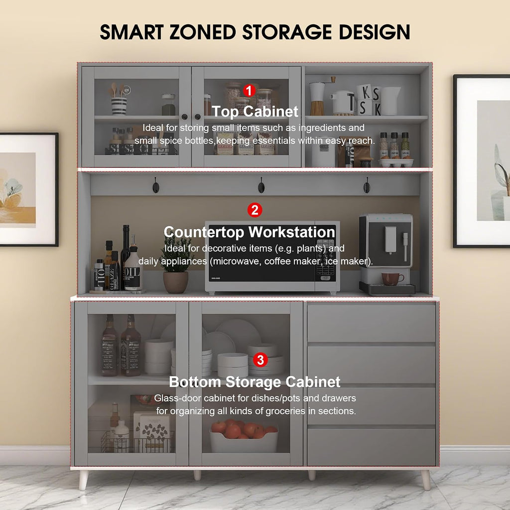 63" Large Kitchen Hutch Cabinet with 4 Doors, 4 Drawers and Microwave Shelf, Farmhouse Pantry Storage Cupboard with Countertop for Kitchen and Dining Room(White)