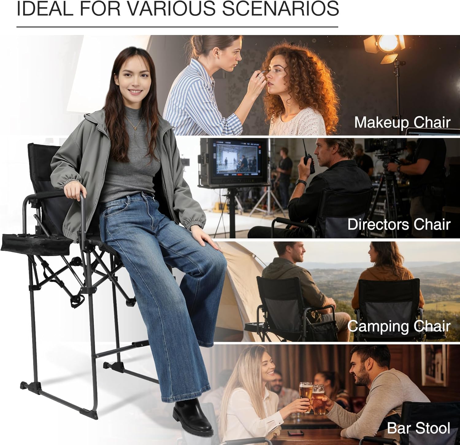 Portable 29" Seat Height Tall Folding Camping Chair High Foldable Directors Chair Bar Height Stool with Side Table and Storage Bag for Makeup Artist, Lawn,Craft Show,Supports 350LBS Black