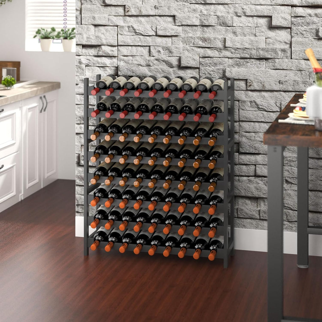Wine Rack Freestanding Floor, Bamboo 8-Tier 69 Wine Bottle Holder Racks Countertop Cabinet Display, Wooden Stackable Modular Wine Storage Organizer Shelves for Kitchen Bar Cellar Dining Room Black