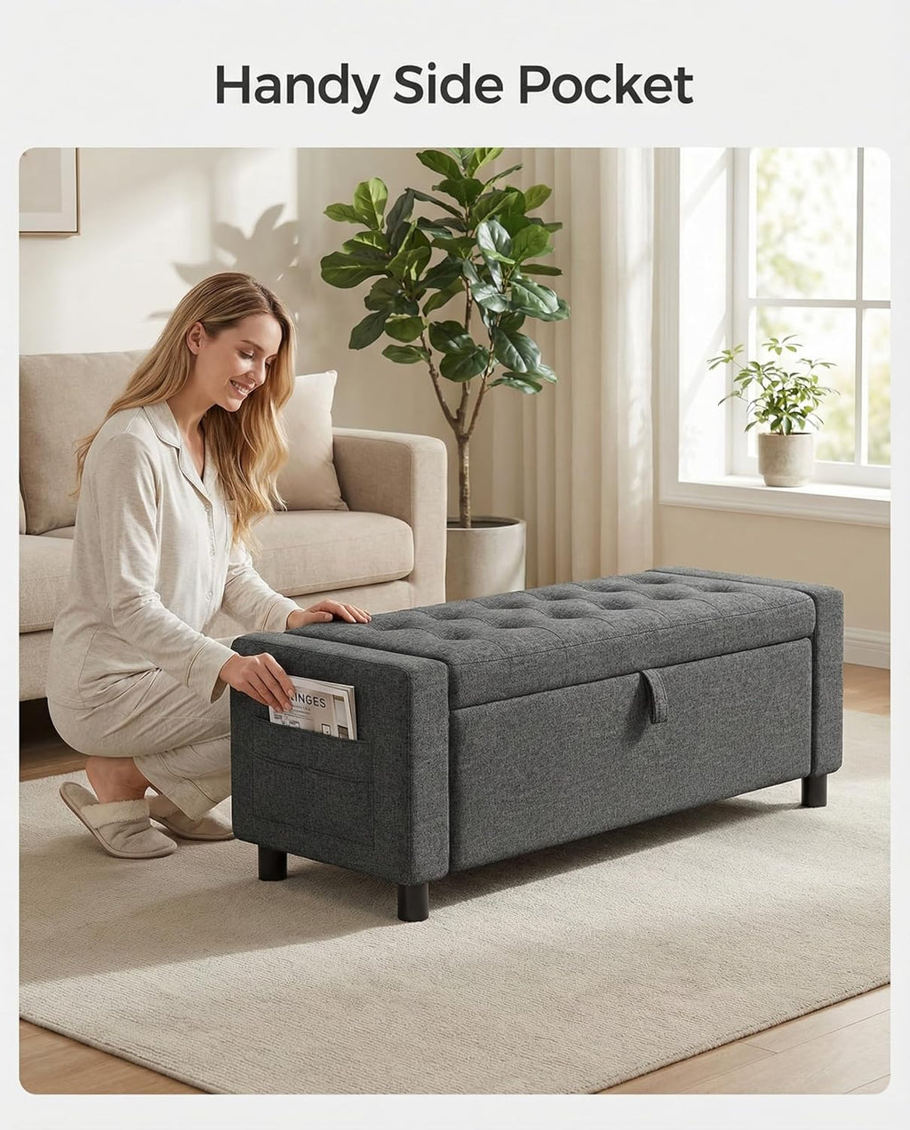 Amada 46" Ottoman with Storage,Storage Ottoman Bench with Safety Hinge, Hidden Compartment & Side Pocket, 400 lbs Weight Capacity, end of Bed/Entryway Bench for Bedroom/Living Room, Dark Gray