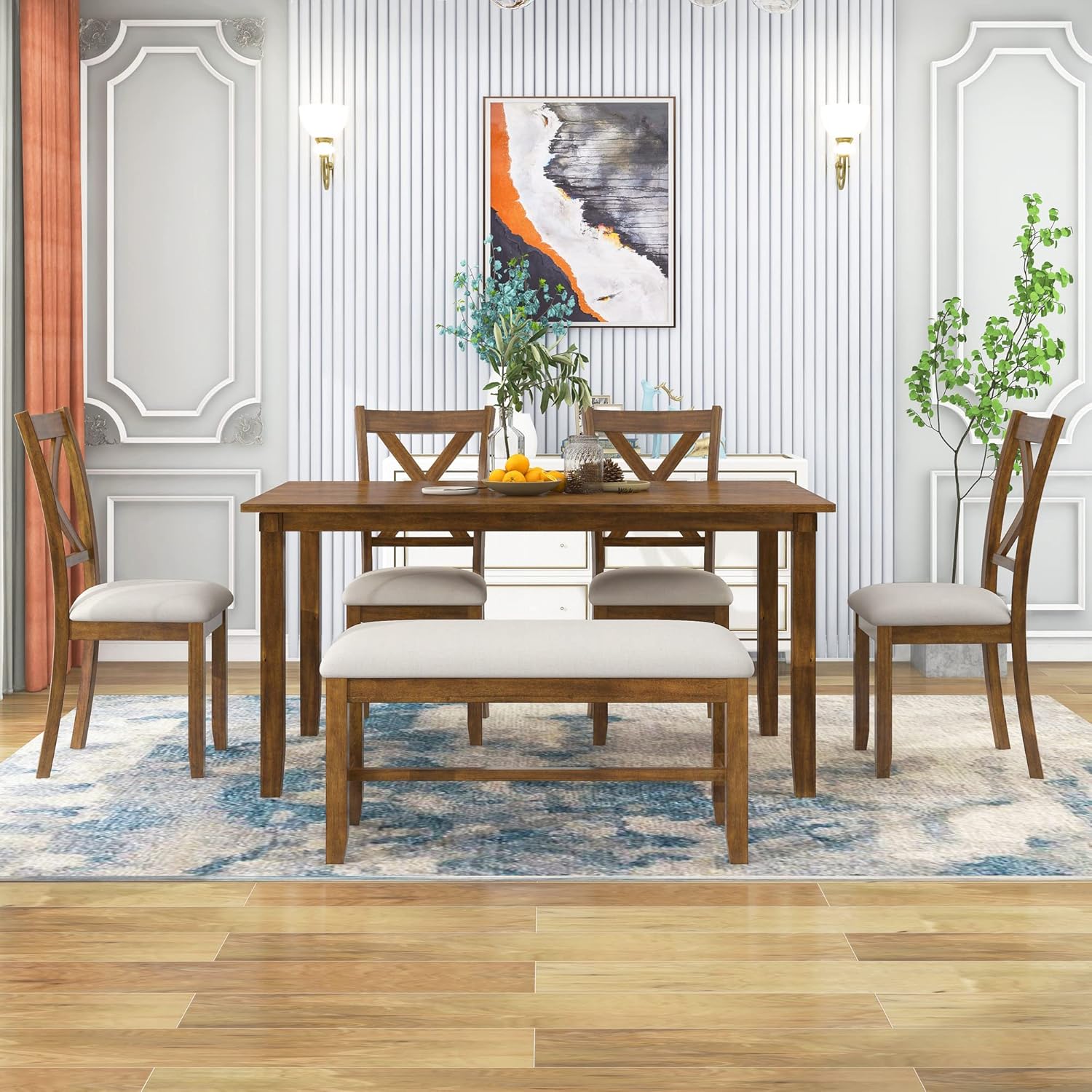 Merax 60" Farmhouse Dining Table Set for 6, Wooden Rectangular Dining Kitchen Table with 4 Fabric Chairs & Bench, 6-Piece Dining Room & Living Room Furniture, Natural Cherry