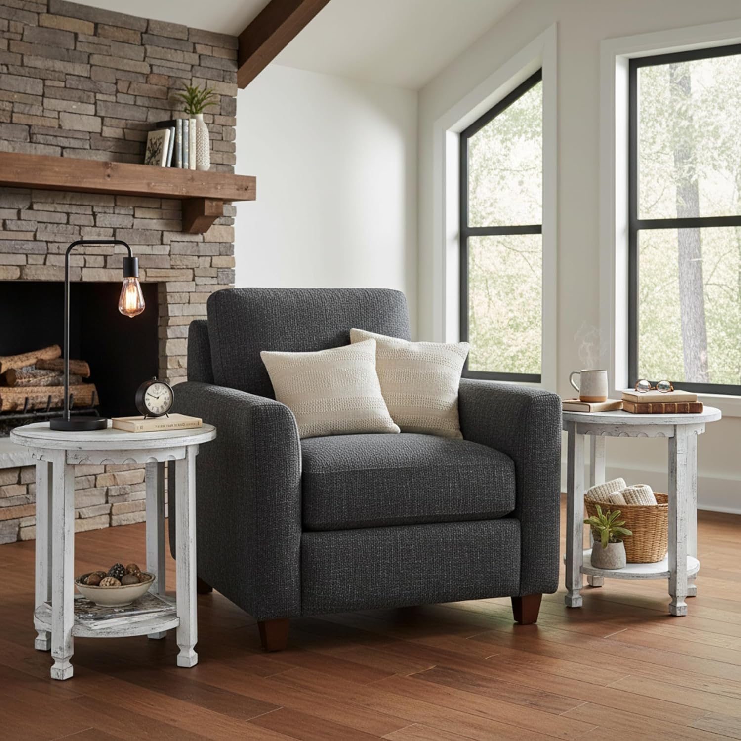 Alaterre Furniture Country Cottage Rustic Farmhouse Nightstand Set of 2-20in Small Round Side Table Set with Storage Shelf - Solid Wood Rustic Nightstands for Living Room or Bedroom (Antique White)