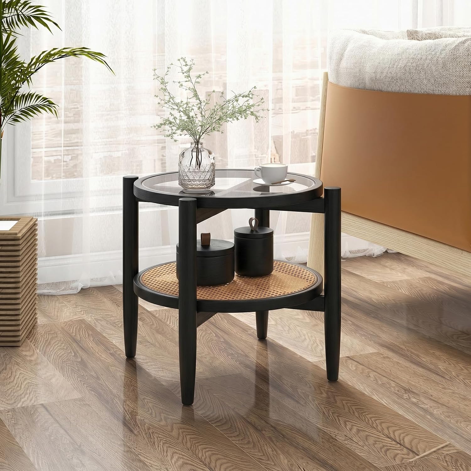Giantex Rattan Round End Table, Boho Nightstand with Tempered Glass Top & Acacia Wood Legs, 2-Tier Side Table with Storage, Bedside Tables for Small Spaces Living Room Bedroom (Black)