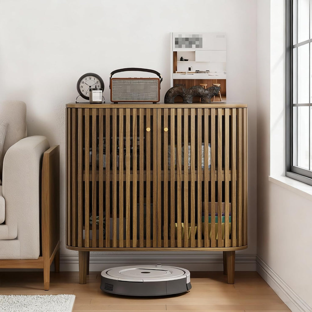 Smuxee Walnut Sideboard Cabinet with Unique Grille Stripe Design, Freestanding Buffet Cabinet with Curved Edge Design, Wood Storage Cabinet for Living Room, Entryway, Hallway