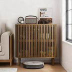 Smuxee Walnut Sideboard Cabinet with Unique Grille Stripe Design, Freestanding Buffet Cabinet with Curved Edge Design, Wood Storage Cabinet for Living Room, Entryway, Hallway