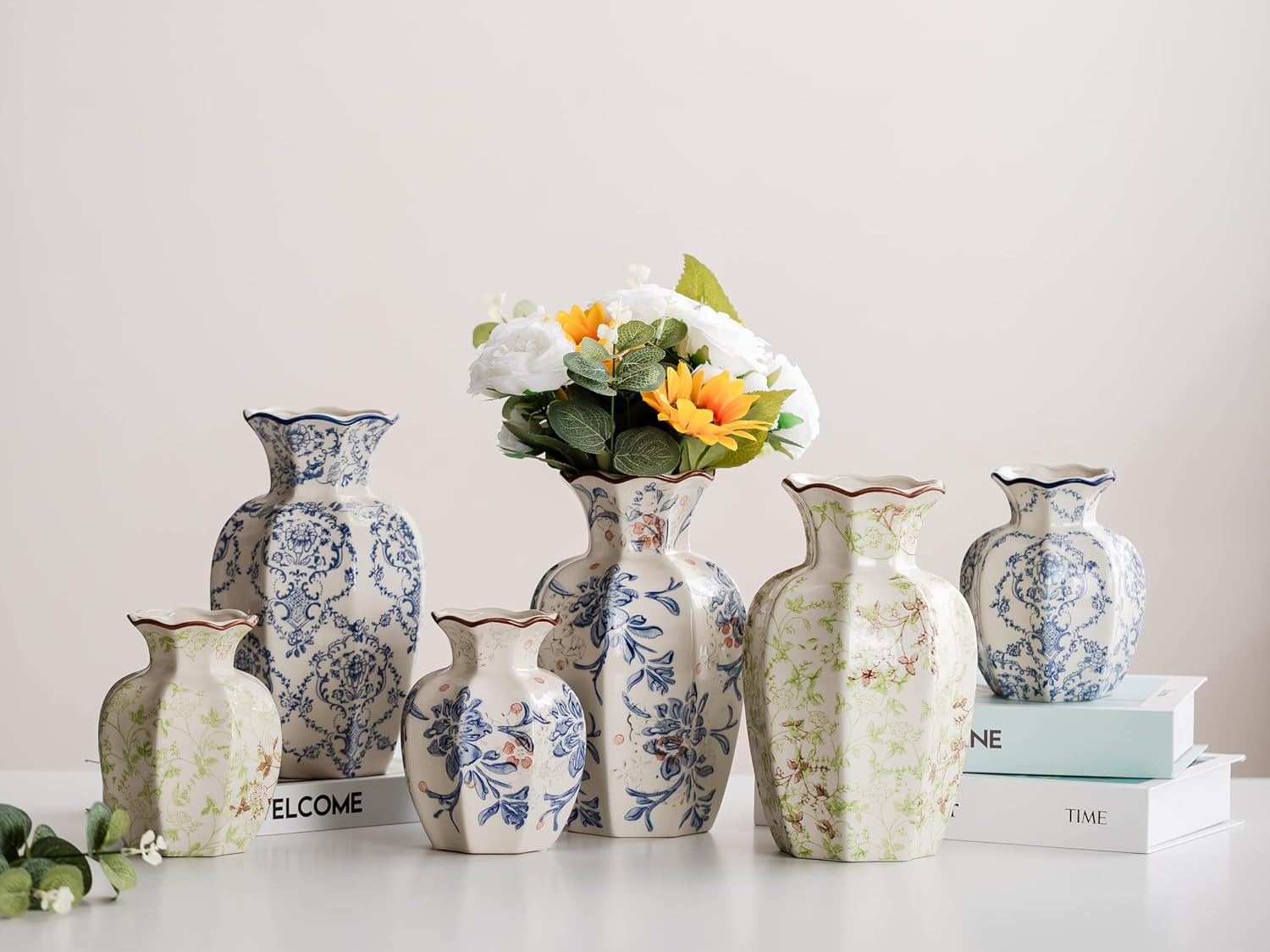 Blue and White Vase, Vintage Blue Ceramic Flower Vessel,Ceramic vases for Home Decor,Vintage Green and Beige for Console Table Mantle Chinoiserie Decor (Blue and White-01, Large)