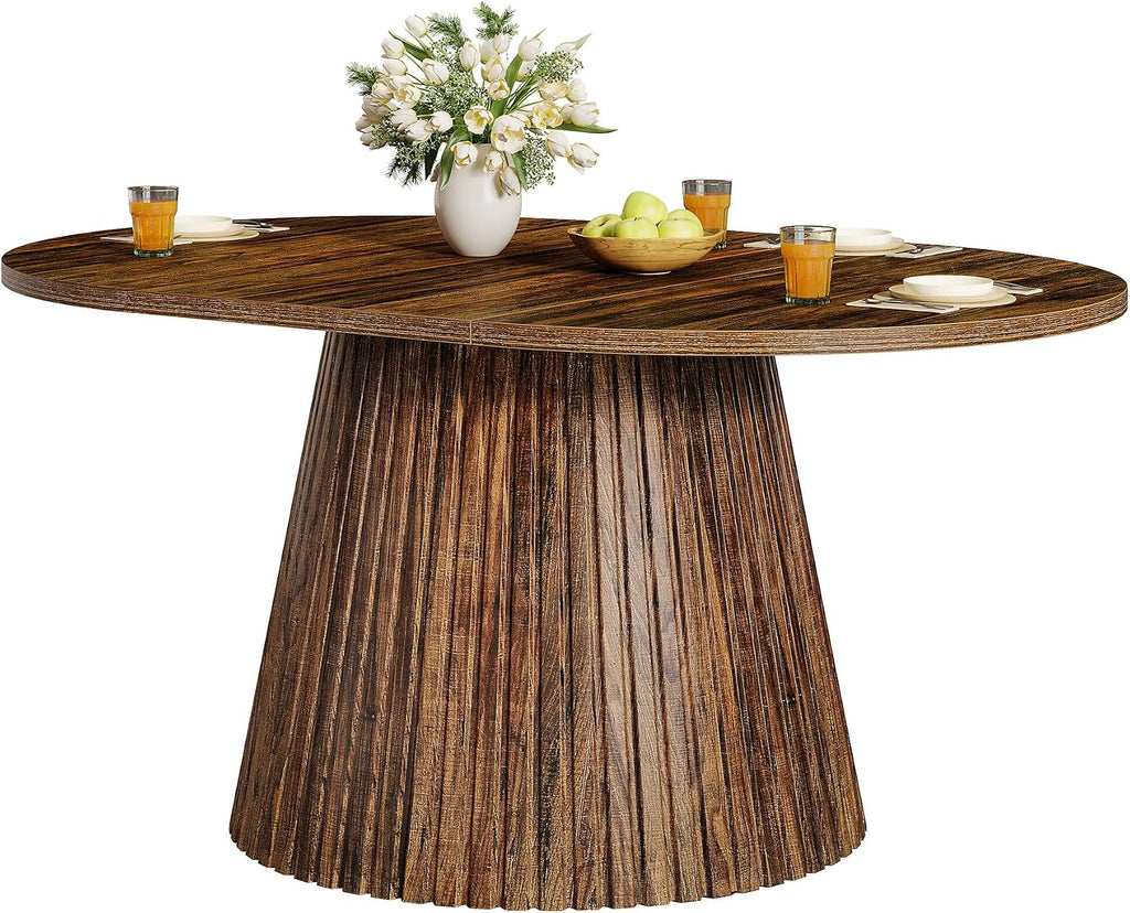 Tribesigns 59" Dining Table for 4-6 People, Farmhouse Dining Room Table with Heavy Pedestal, Oval Wood Kitchen Dinner Table for Living Room, Kitchen, Rustic Brown, 59.06" W x 39.37" D
