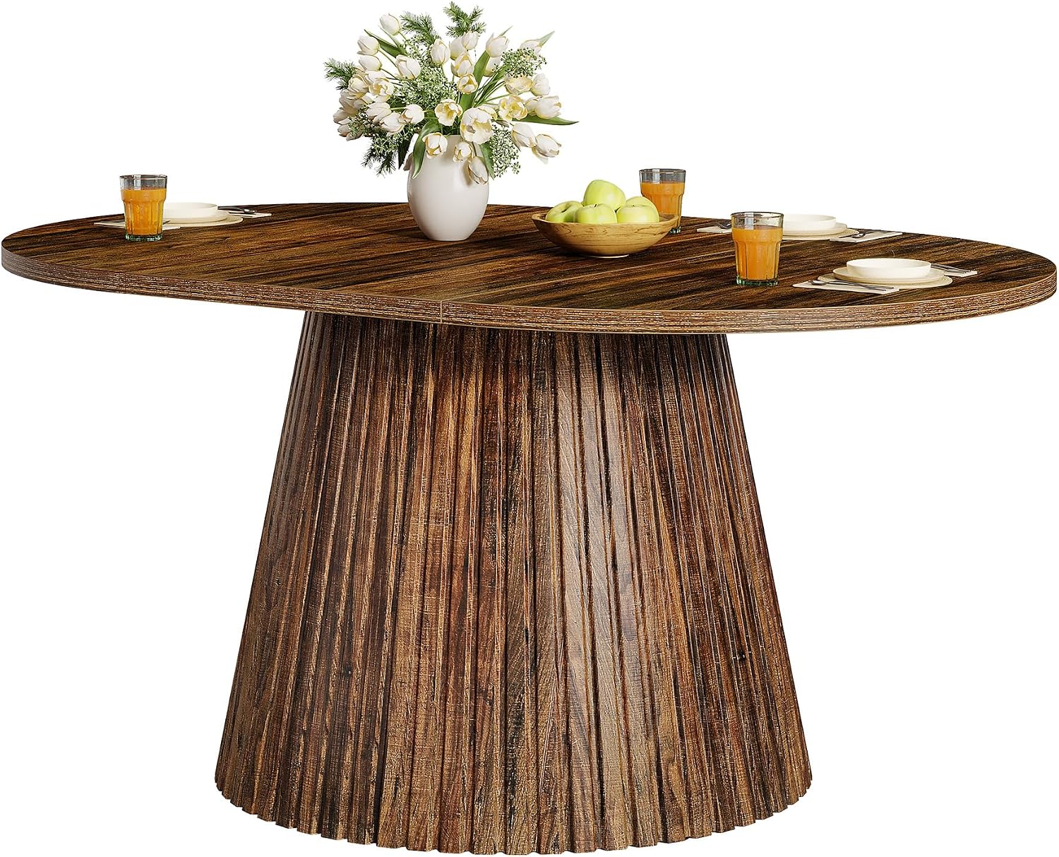 Tribesigns 59" Dining Table for 4-6 People, Farmhouse Dining Room Table with Heavy Pedestal, Oval Wood Kitchen Dinner Table for Living Room, Kitchen, Rustic Brown, 59.06" W x 39.37" D