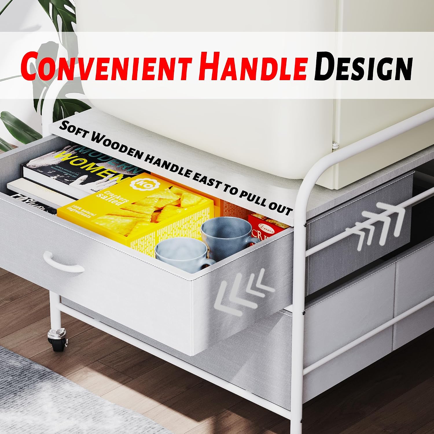 2 Drawer Dresser, 120LBS Fabric Storage Tower, 2 Drawer Storage Cart, Mini Fridge Stand with Storage, Metal Frame Iron Top, 4 Swivel Wheels for Home Kitchen, White