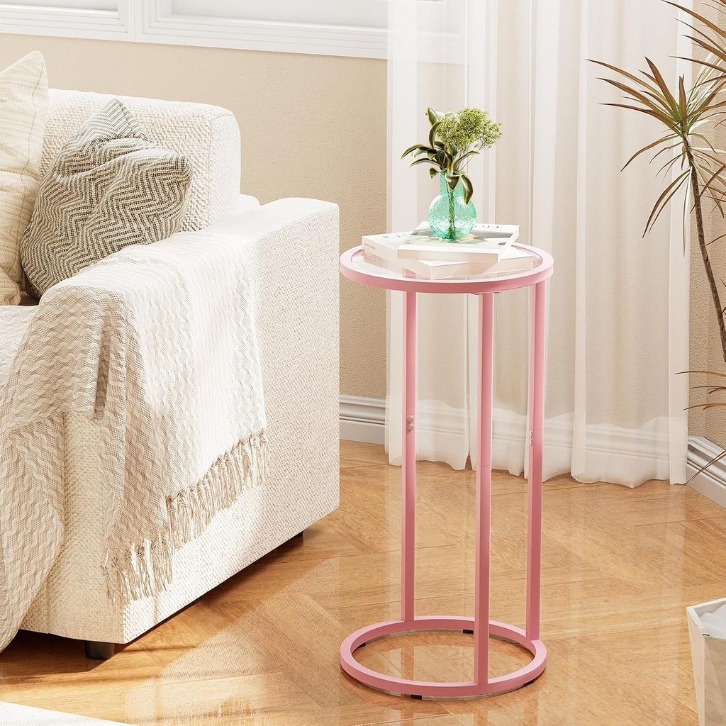 Easy Paws C Table Side End Table, Small Round Couch Sofa Tray Snack Table for Living Room, Bedroom,Accent Coffee Table,TV Tray Table for Small Space, Nightstand with Metal Frame(Pink)