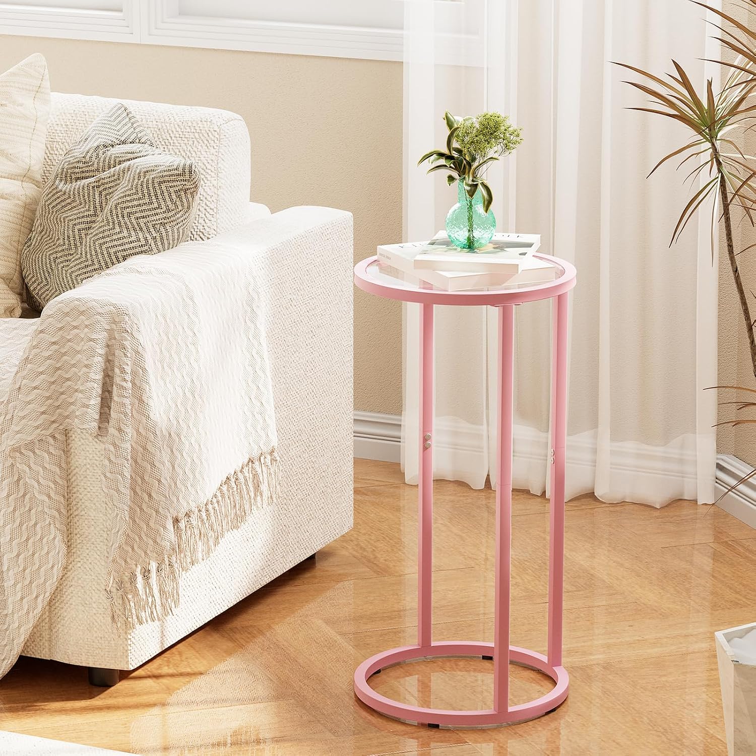 Easy Paws C Table Side End Table, Small Round Couch Sofa Tray Snack Table for Living Room, Bedroom,Accent Coffee Table,TV Tray Table for Small Space, Nightstand with Metal Frame(Pink)