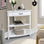 Corner Side Table, 3-Tier Triangle End Table with Drawer and Solid Wood Legs, 33.86" Small Space Storage, Milk White