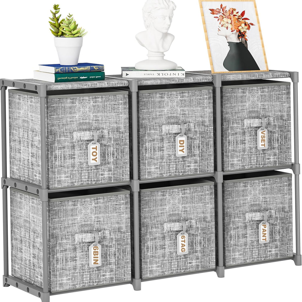 LUKYTOWER Cube Storage Organizer Shelf with 6 Printed Bins + Labels, Adjustable Modular Cubby Storage Organizer with Bins, Large Capacity Shelves for Storage,Closet, Living Room, Dorm, Yarn
