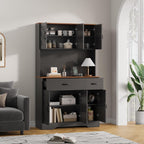 71" Pantry Cabinet with Charging Station, Kitchen Hutch Storage Cabinet with Countertop & Drawer, Farmhouse Food Pantry with Microwave Stand & Adjustable Shelves for Living Room, Dining Room, Black