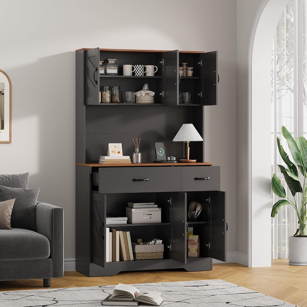 Farmhouse Kitchen Pantry Cabinet with Charging Station – 71" Tall Hutch, Adjustable Shelves, Drawers, Microwave Stand, Large Storage for Dining or Living Room – Color: Black