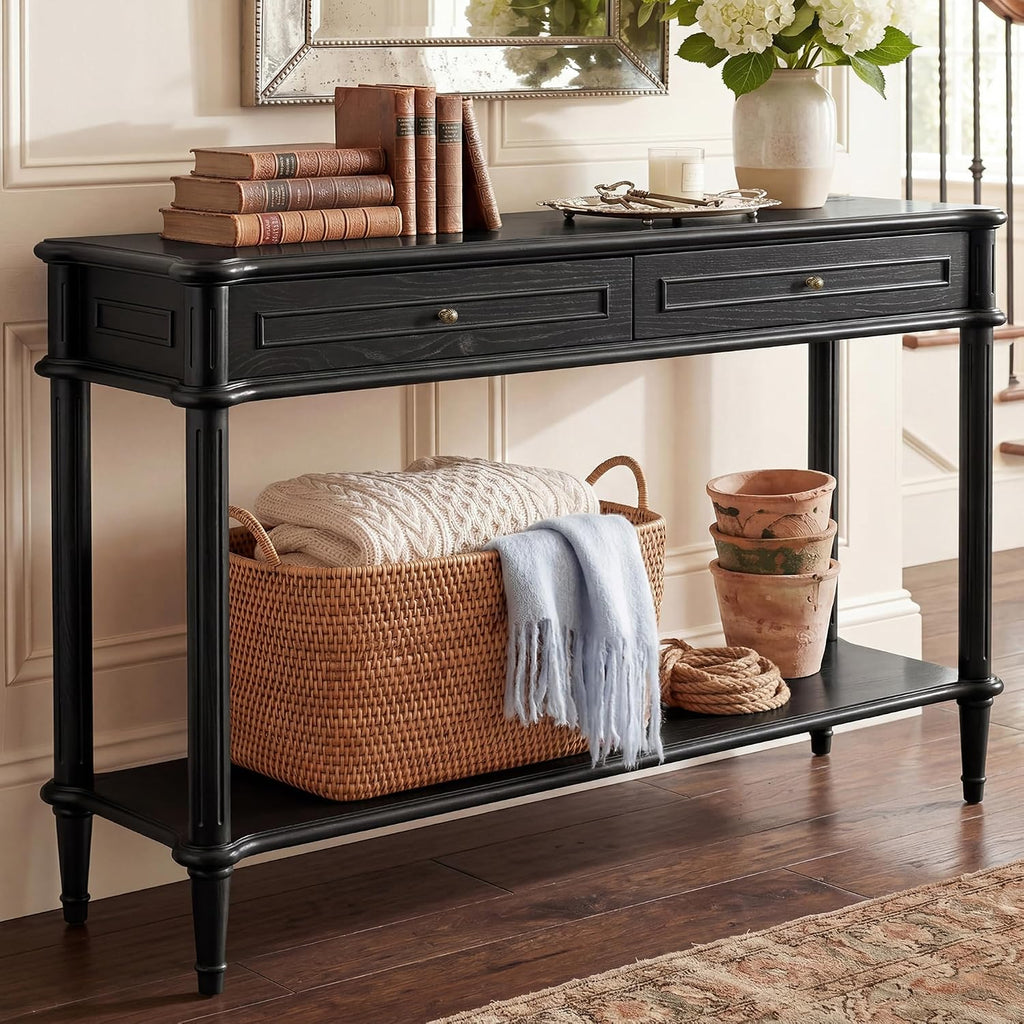 Solid Wood Console Table for Entryway with Charging Station,Retro Entryway Table with 2 Drawers-Easiest Assembly,Sofa Table with Bottom Shelf,Narrow Long Couch Table Behind Sofa for Living Room,Foyer