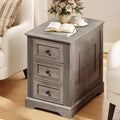 RALGEND Farmhouse End Table with 3 Drawers, Wooden Slim Nightstand, Narrow Sofa Side Table with Storage for Living Room, Bedroom, Study, Greige