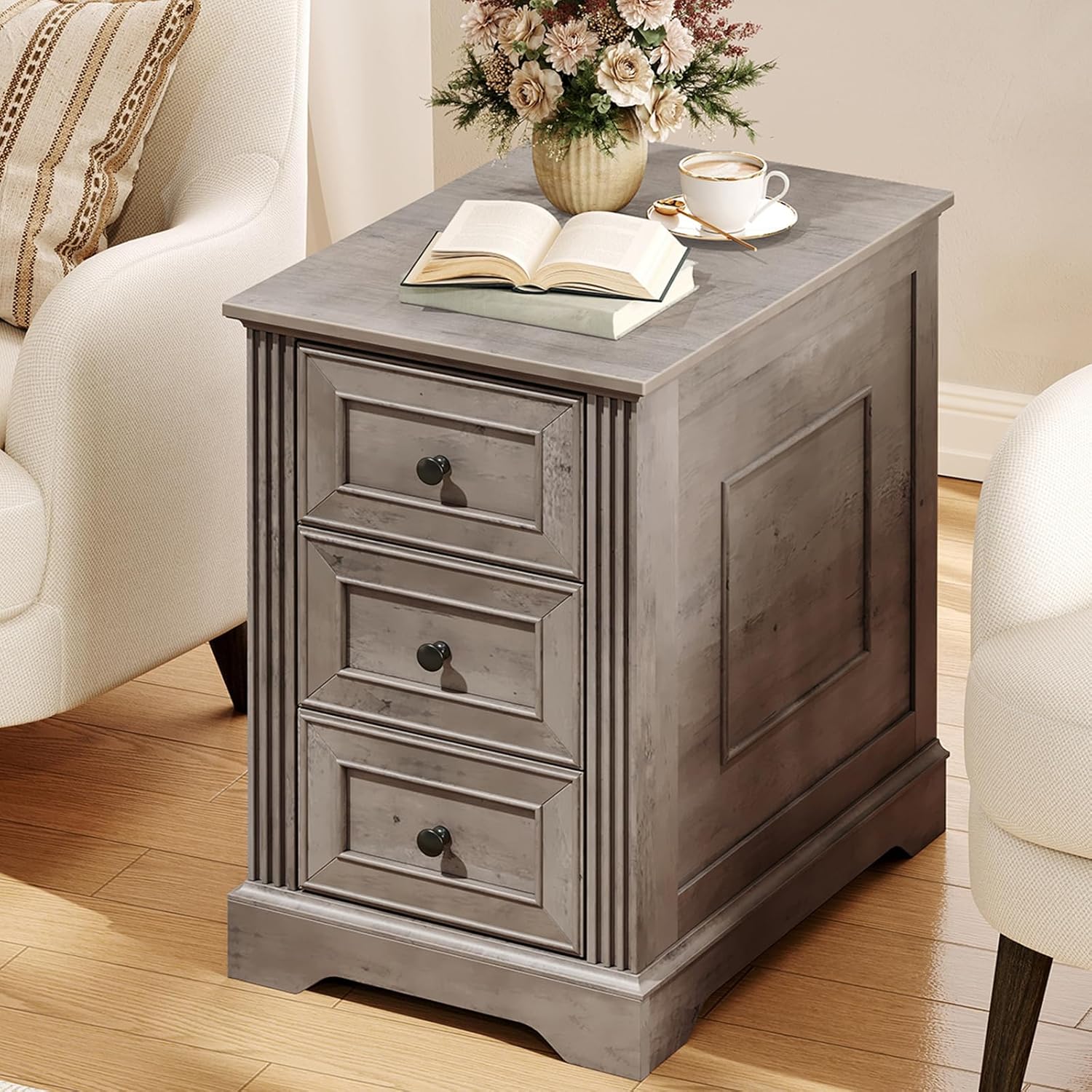 RALGEND Farmhouse End Table with 3 Drawers, Wooden Slim Nightstand, Narrow Sofa Side Table with Storage for Living Room, Bedroom, Study, Greige