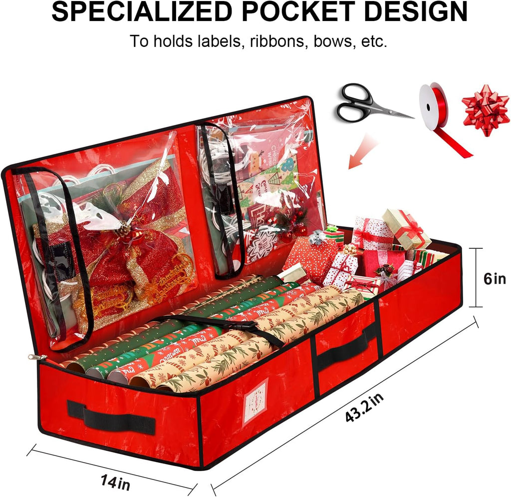 HikooLSS Wrapping Paper Organizer Storage Container for Christmas Holiday Gift Wrap Storage 43.2" Durable PE Underbed Storage Container with Interior Pockets Fits 24 Paper Rolls (Red)