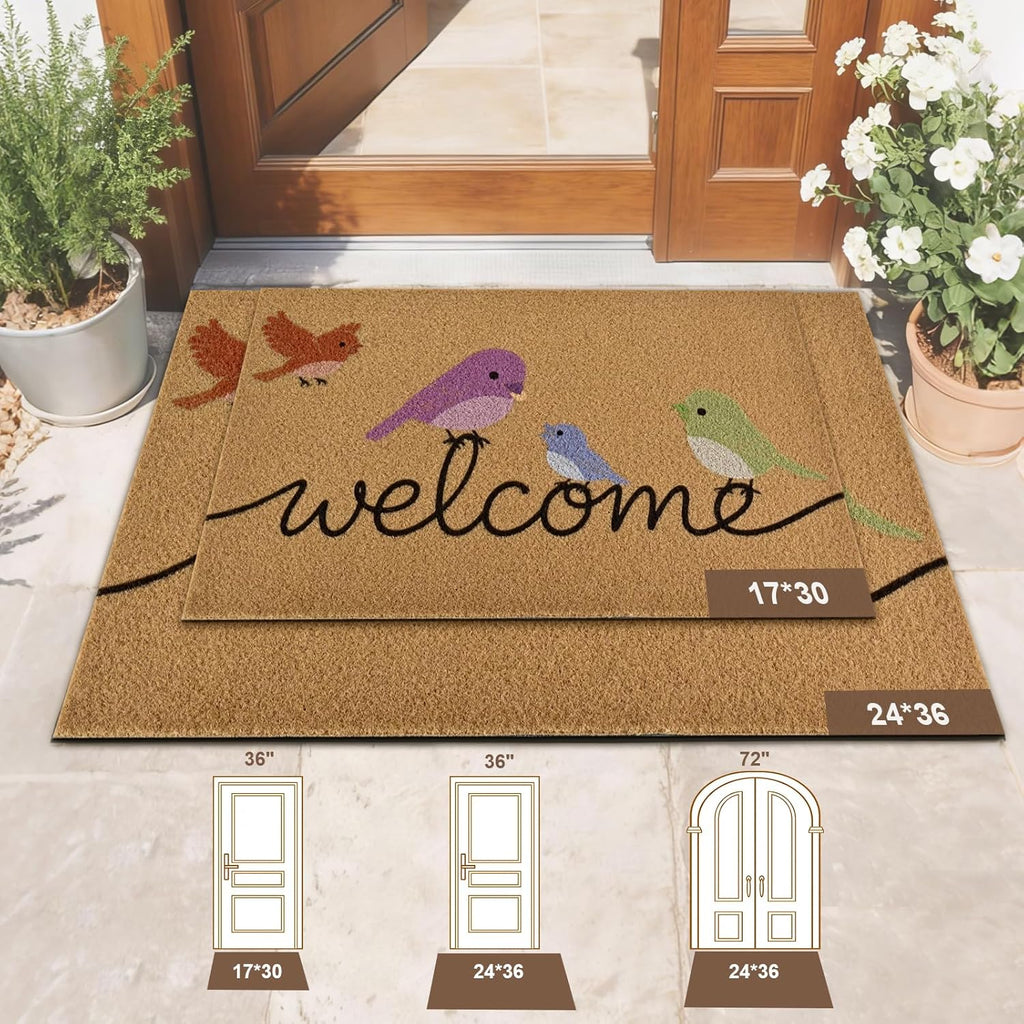 Yinhua Colorful Birds Coir Door Mat, Heavy Duty Welcome Mat with Non-Slip Rubber Backing, Low Pile Front Door Mats for Outside Entrance, Natural Entry Mats Coconut Fiber Surface for Porch 17"x30"