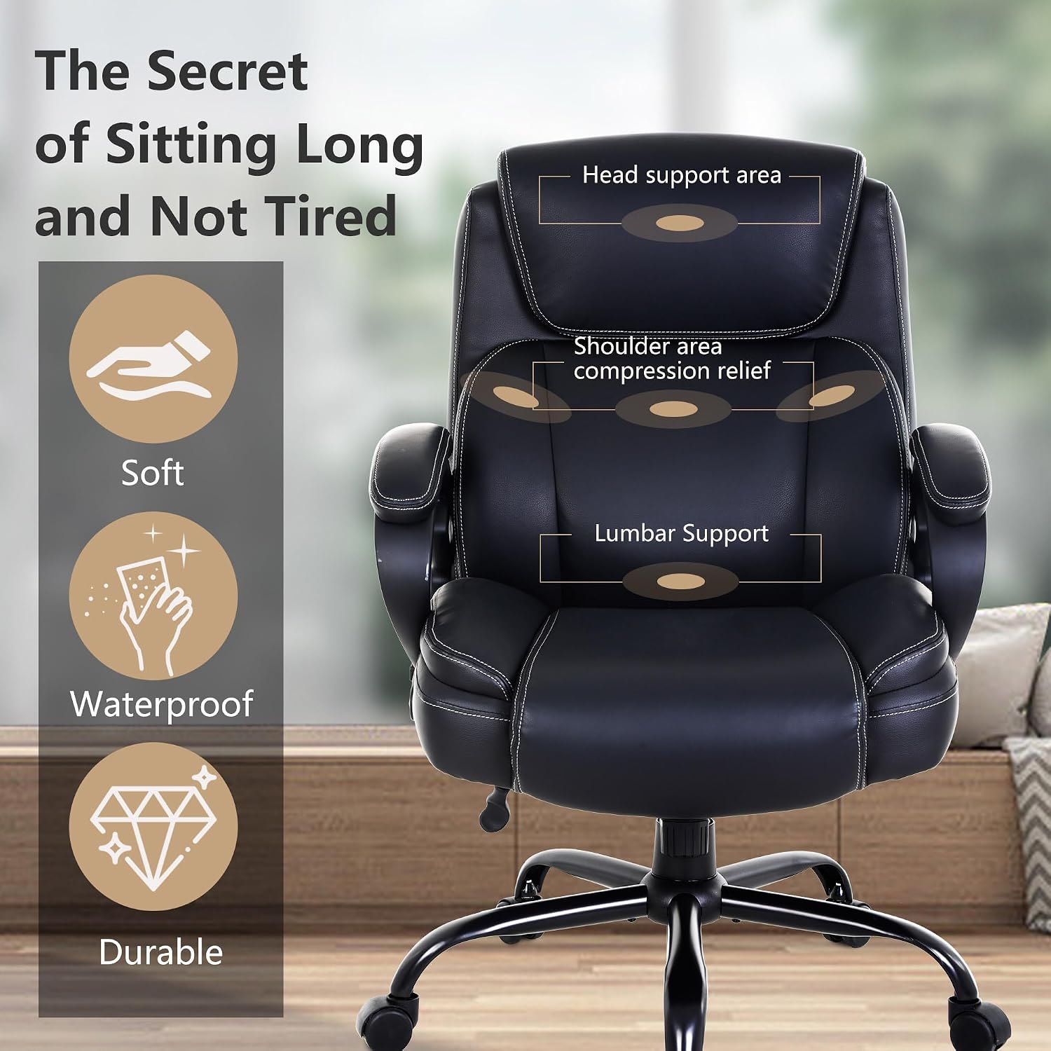 PayLessHere Big and Tall Office Chair 400lbs Wide Seat Ergonomic Computer Chair with Arms and Lumbar Support Pu Leather High Back Executive Task Desk Chair for Back Pain, Black