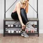 39.9" Industrial Hall Tree Coat Rack, with Bench & Shoe Storage, Entryway Organizer with 8 Sturdy Hooks & Hanging Bar, Large Shoe Rack with Storage Shelf, Steel Frame, Farmhouse Wood Look Accent, Grey