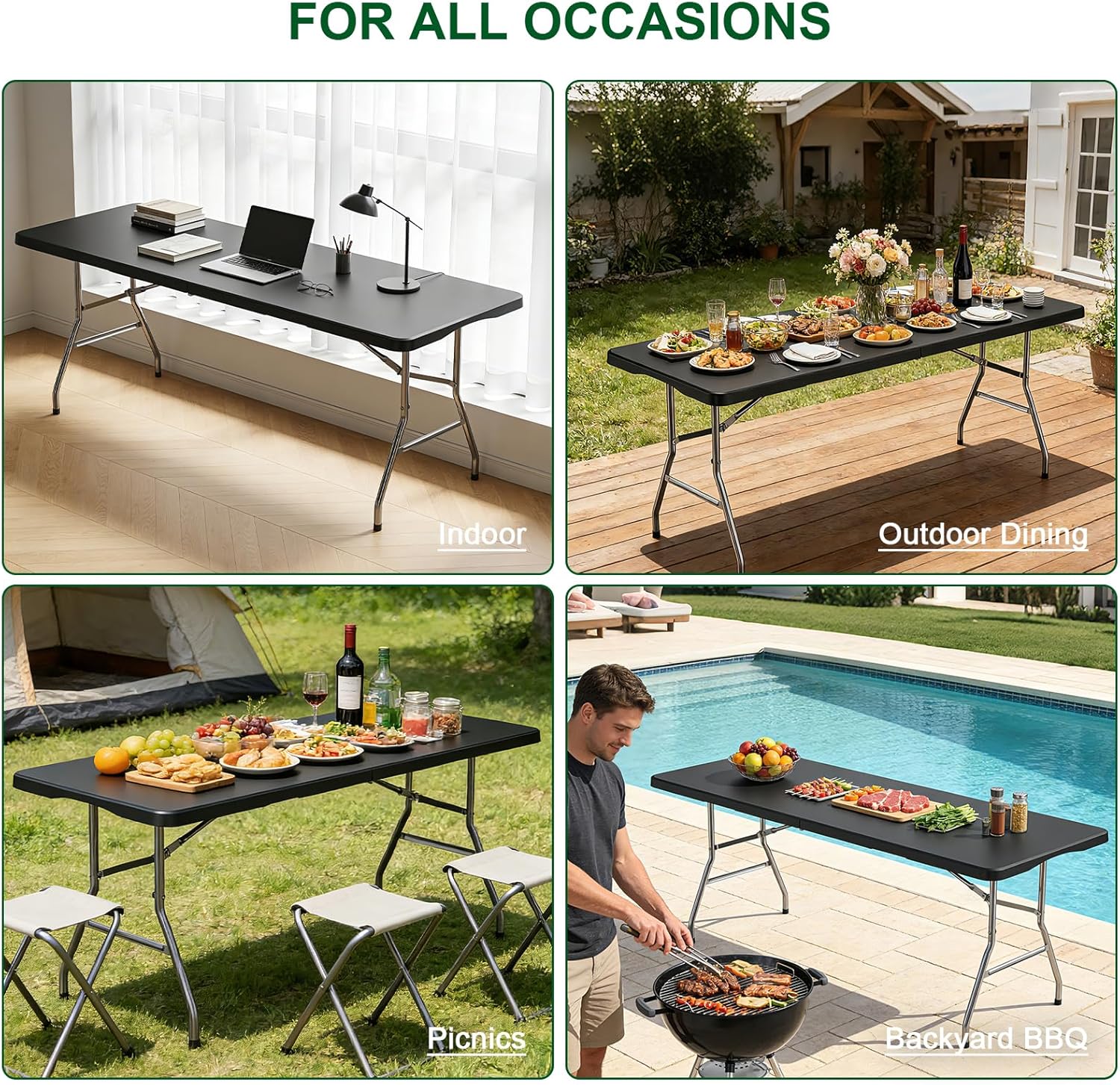 6FT Folding Tables – Heavy Duty Portable Foldable Picnic Table with Built-in Handle, 450 lb Capacity – Ideal for Events, Parties, Crafts, Camping & Dining (6-Pack, Black)