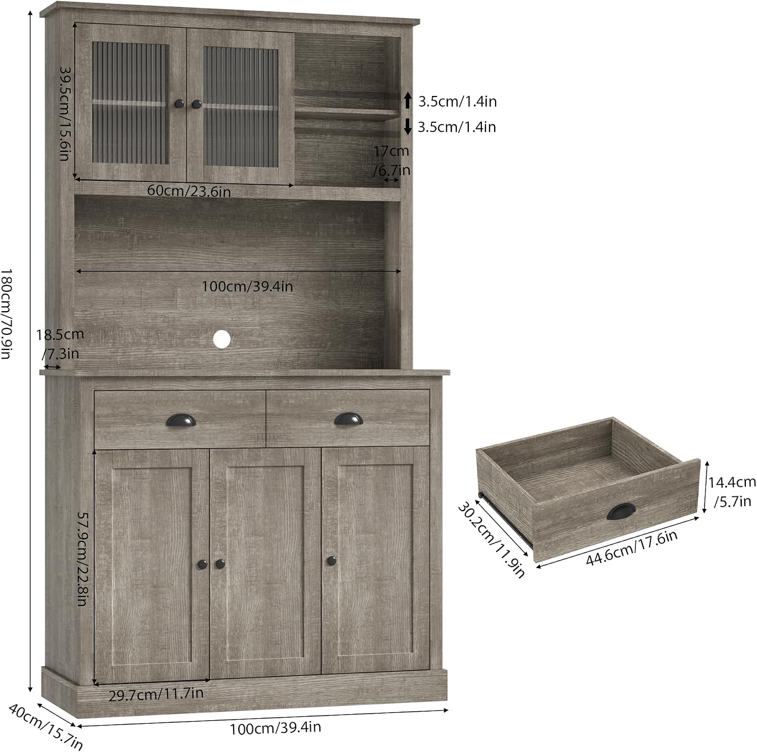 IDEALHOUSE Pantry with Drawers and Adjustable Shelves, 71”Tall Freestanding Kitchen Pantry Cabinet with Microwave Stand, Hutch Cabinet for Kitchen, Dining Room, Grey