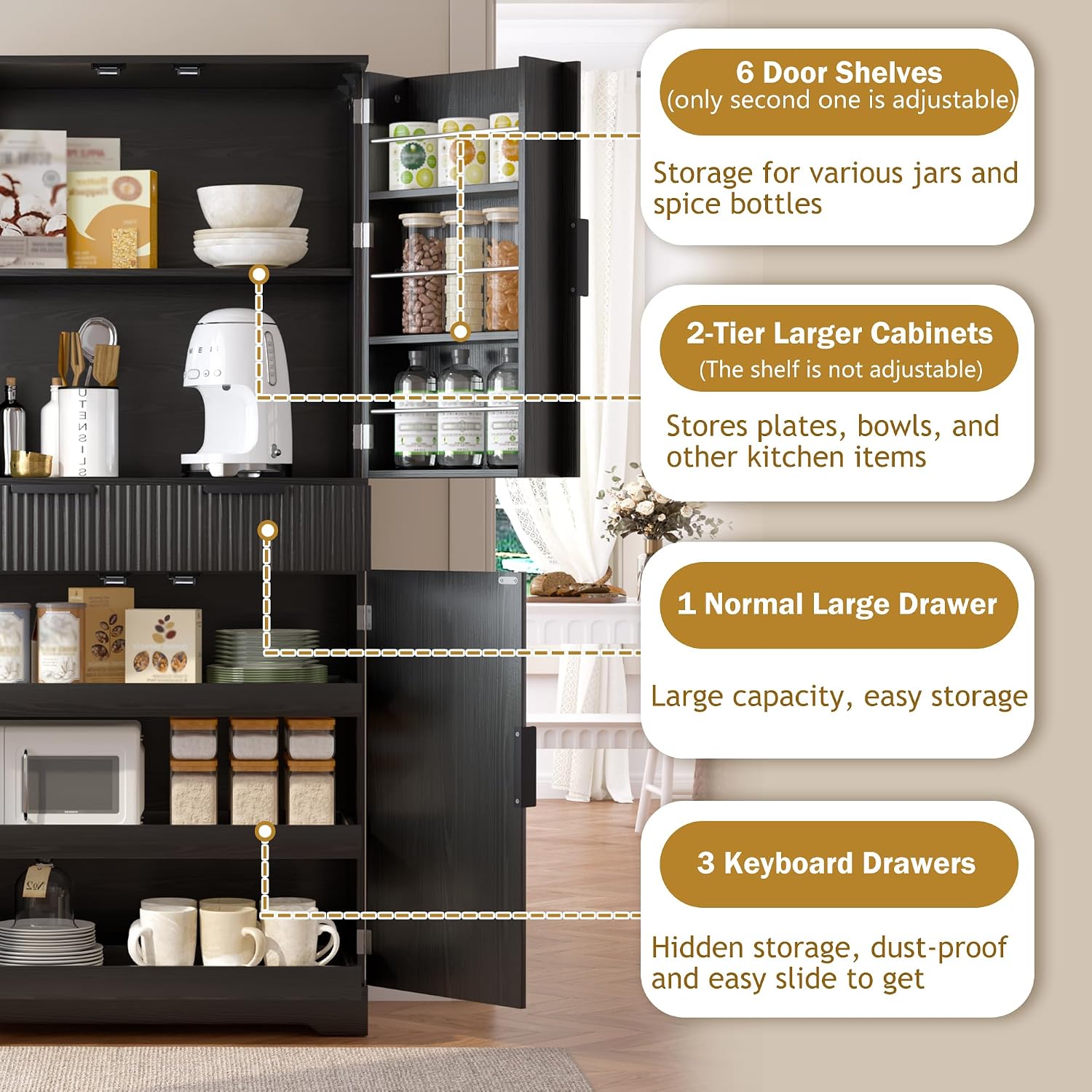 72'' Kitchen Pantry Storage Cabinet, Pantry Storage Cabinet with 3 Keyboard Drawers and 6 Door Shelves Adjustable, Freestanding Buffet Cabinet for Bathroom, Diningroom (Black)
