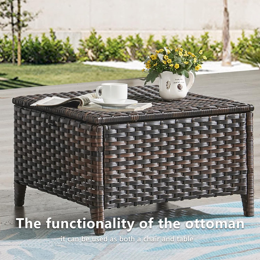Outdoor Ottomans Patio Foot Rest - 2 Piece Wicker Rattan Ottoman Footrests Footstools with Comfortable Cushions for Patio Porch Deck Balcony Garden(Brown Wicker/Grey Cushion)