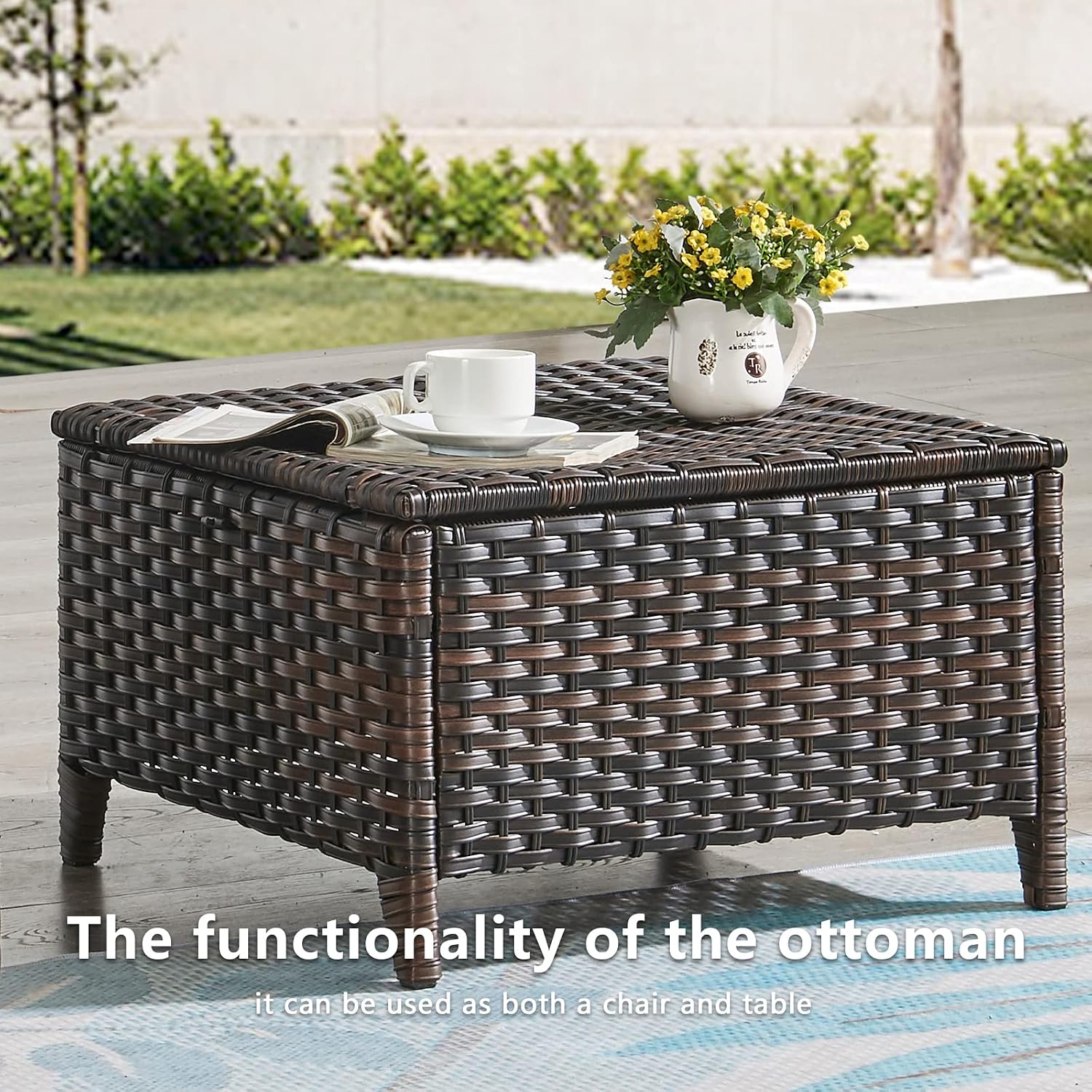 Outdoor Ottomans Patio Foot Rest - 2 Piece Wicker Rattan Ottoman Footrests Footstools with Comfortable Cushions for Patio Porch Deck Balcony Garden(Mixed Grey Wicker/Blue Cushion)