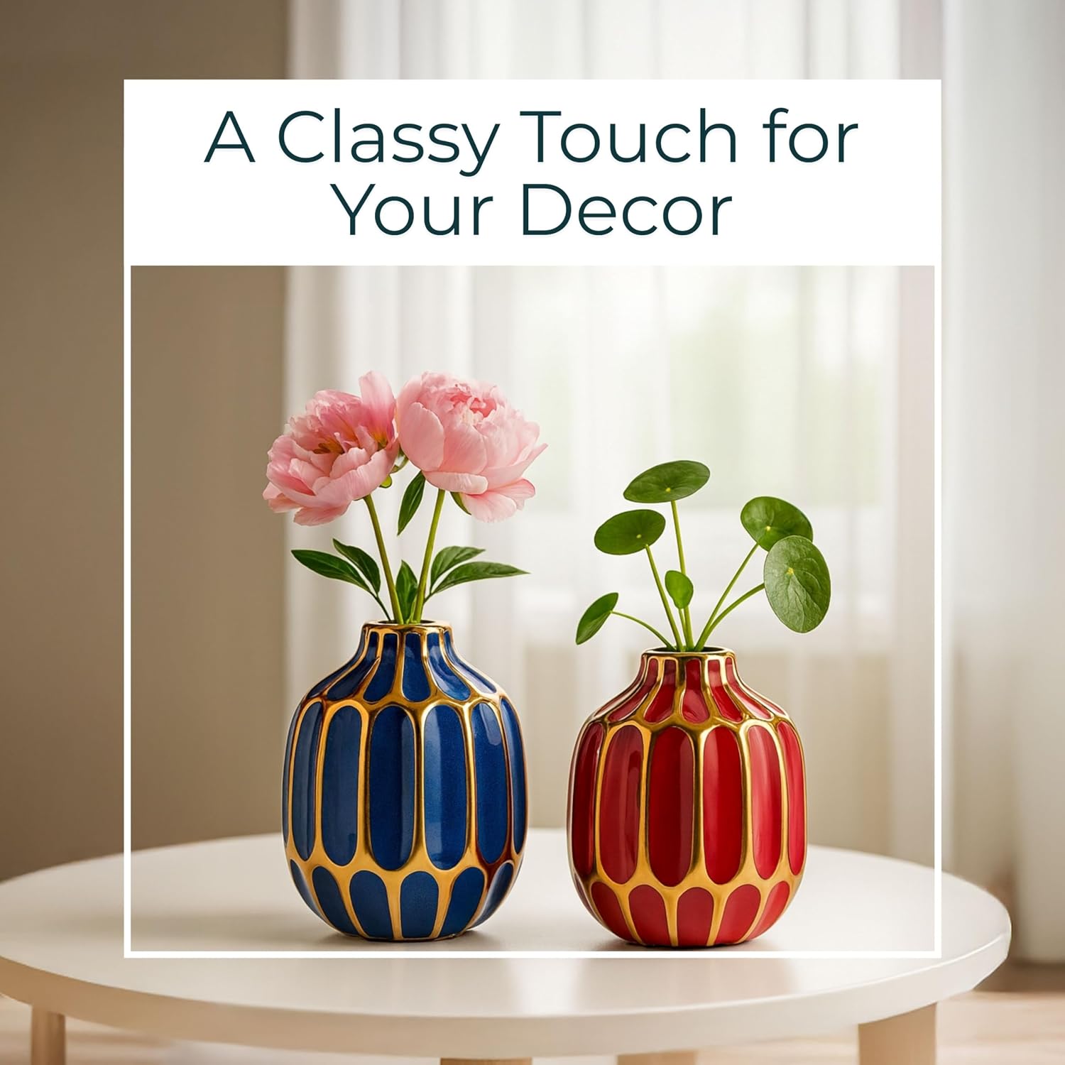 Elegant Ceramic Vase for Living Room Decor and Home Decor Accent - Modern Decorative Flower Vase for Room, Bedroom, or Office Desk - Designed for House and Table Decor - Set of 2, 5", Blue & Red