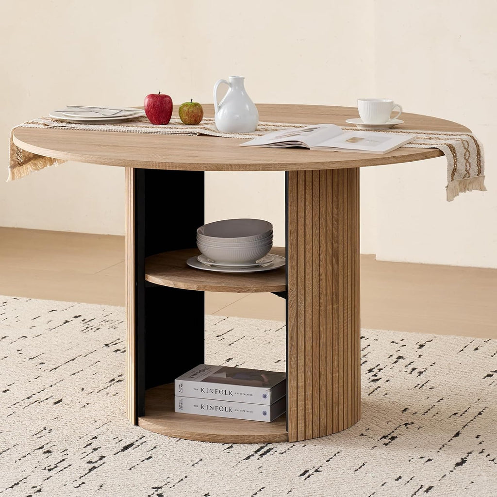 47" Round Dining Table for 4, with Shelf Storage Modern Pedestal Circle Kitchen Table for Dining Living Room Home, Natural