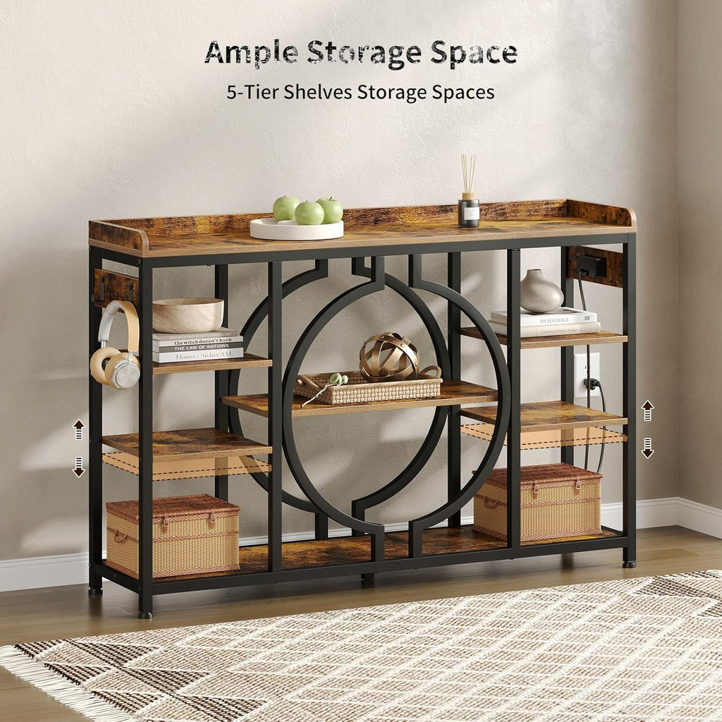 GOLDDAY 47.2 Inch Console Tables with Charging Station and LED Light, 4 Tier Rustic Brown Industrial Sofa Table with storage for Entryway, Wooden Shelves Entry Table for Hallway, Entrance, Living Room