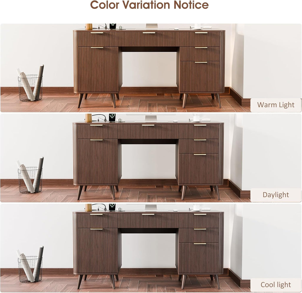 Alohappy 59" Fluted Executive Desk with 5 Drawers & Charging Station, Large Wood Computer Desk with File Drawer and Storage Cabinet, Modern Home Office Desk with Power Outlet for Study, Walnut