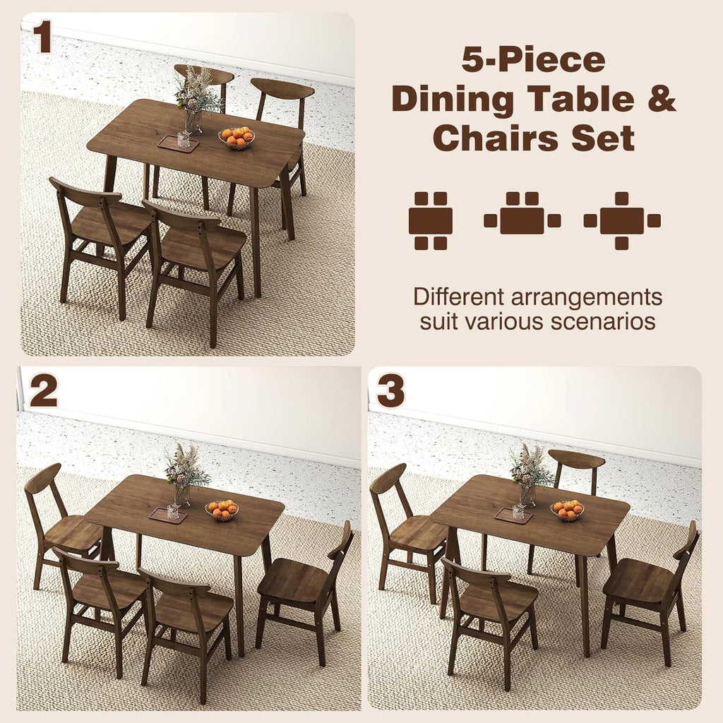 Giantex 5-Piece Dining Table Set for 4, Mid-Century Modern Kitchen Table and Chairs Set with Solid Rubber Wood Frame, Wooden Dinette Set for Small Space, Dining Room, Breakfast Nook