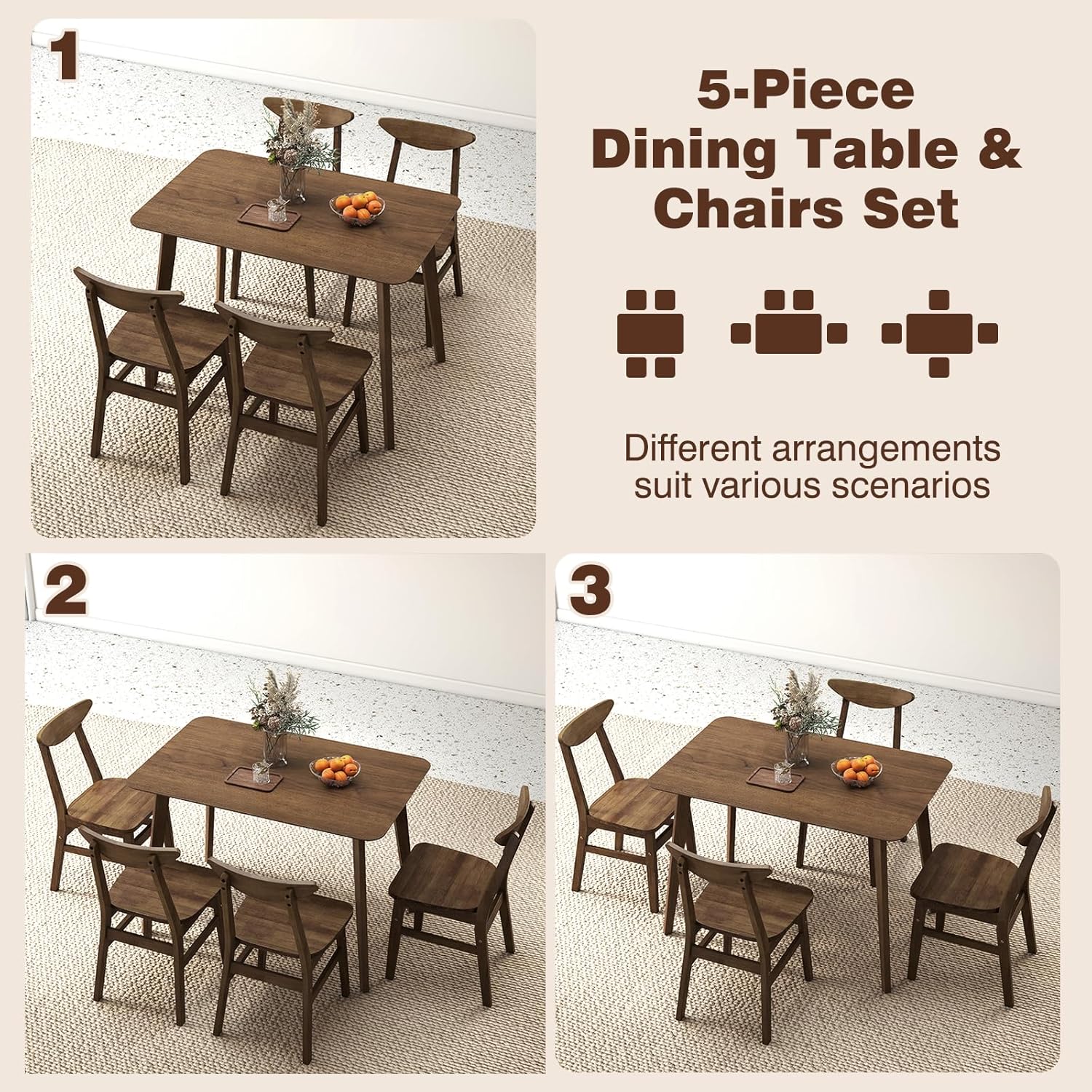 Giantex 5-Piece Dining Table Set for 4, Mid-Century Modern Kitchen Table and Chairs Set with Solid Rubber Wood Frame, Wooden Dinette Set for Small Space, Dining Room, Breakfast Nook